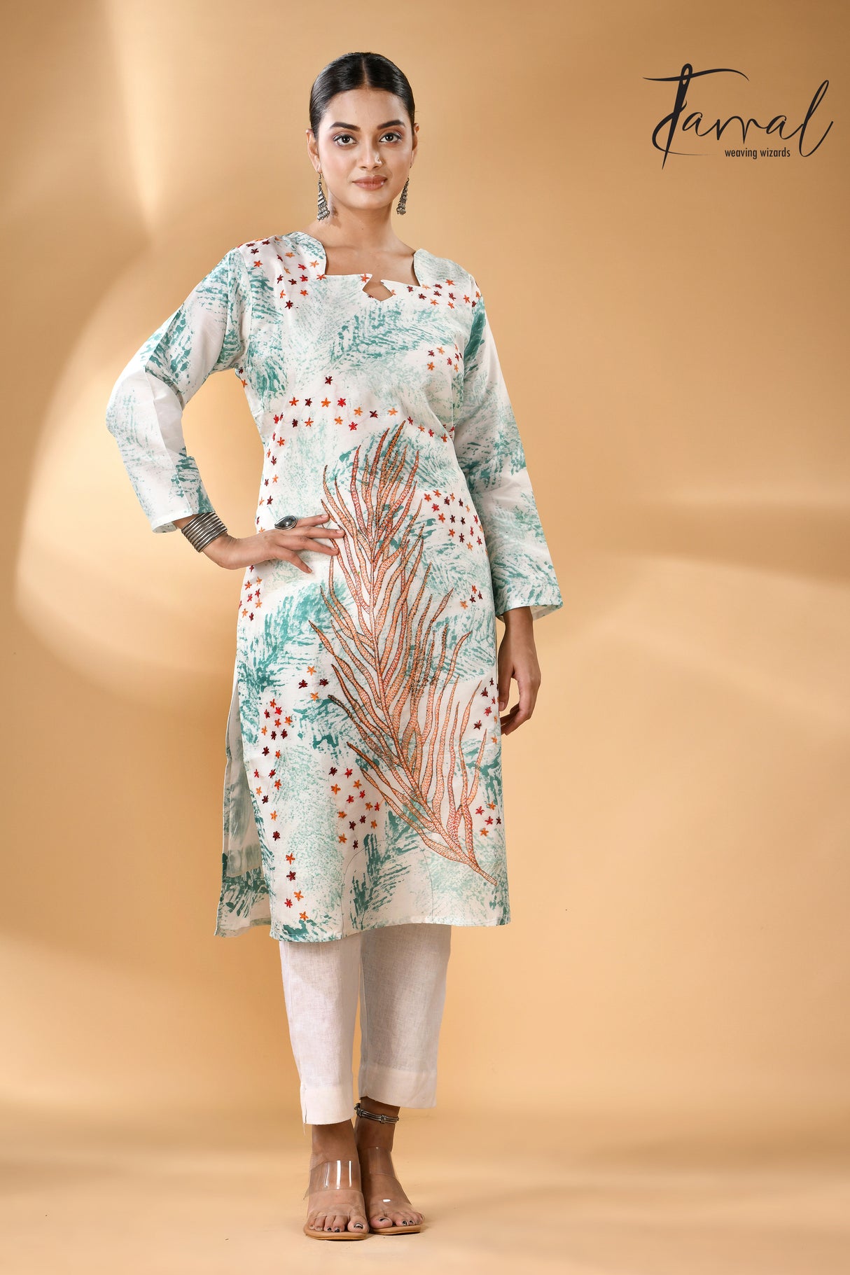 Offwhite with tale blue father motifs handcrafted batik with Kantha stitch work pure silk kurti