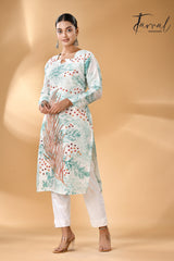 Offwhite with tale blue father motifs handcrafted batik with Kantha stitch work pure silk kurti