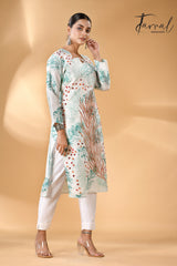 Offwhite with tale blue father motifs handcrafted batik with Kantha stitch work pure silk kurti