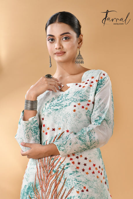 Offwhite with tale blue father motifs handcrafted batik with Kantha stitch work pure silk kurti