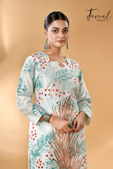 Offwhite with tale blue father motifs handcrafted batik with Kantha stitch work pure silk kurti