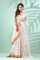 Offwhite with zari border contemporary handwoven muslin silk dhakai jamdani saree