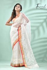 Offwhite with zari border contemporary handwoven muslin silk dhakai jamdani saree