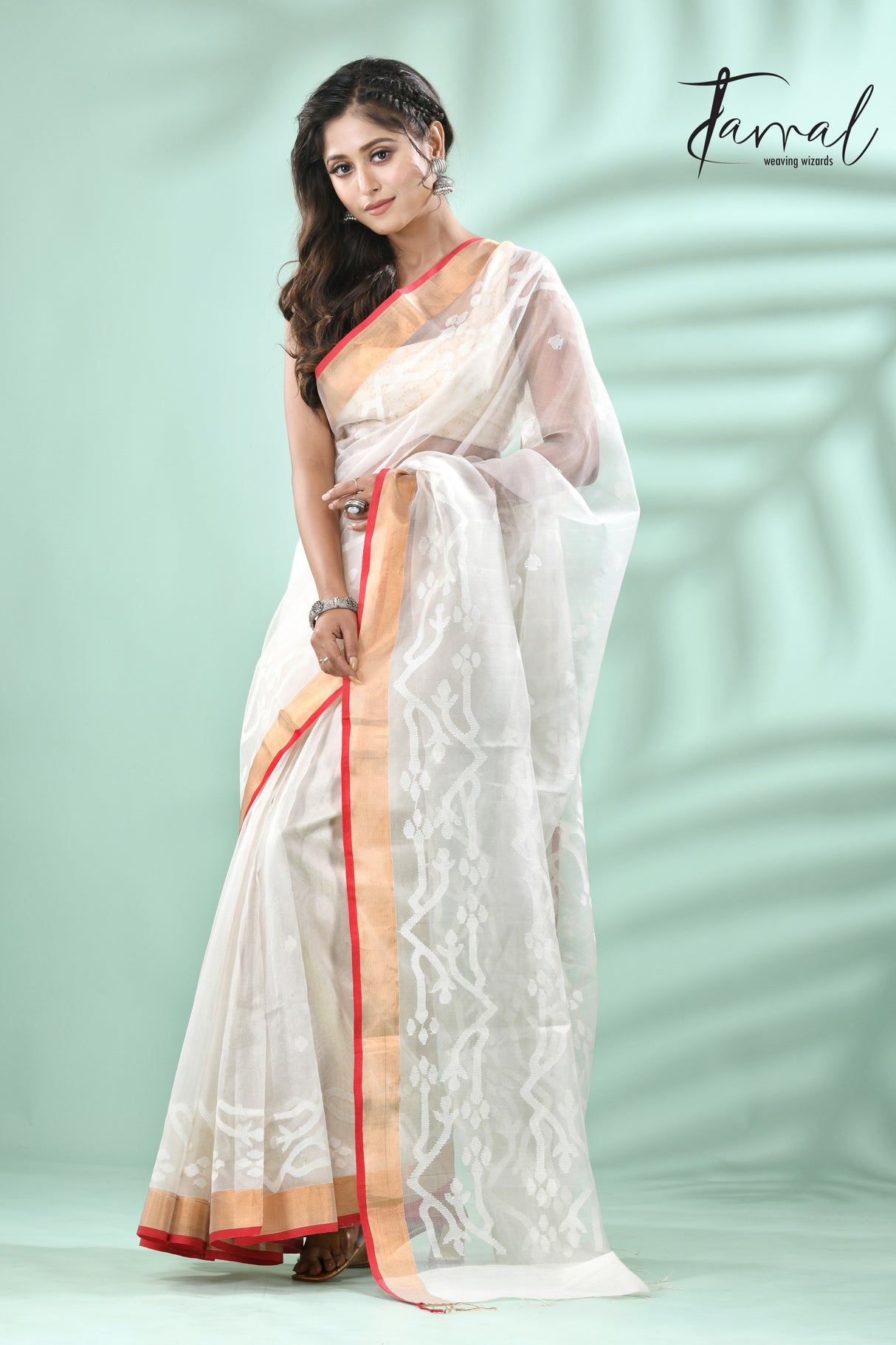 Offwhite with zari border contemporary handwoven muslin silk dhakai jamdani saree