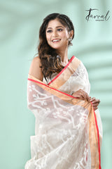 Offwhite with zari border contemporary handwoven muslin silk dhakai jamdani saree