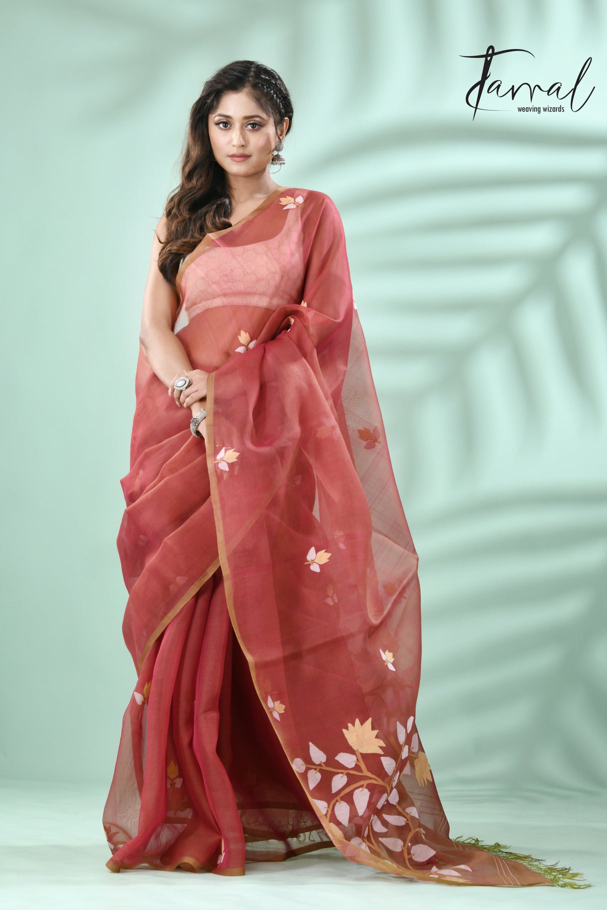 Brown with multicolour muslin silk handwoven floral buta jamdani saree