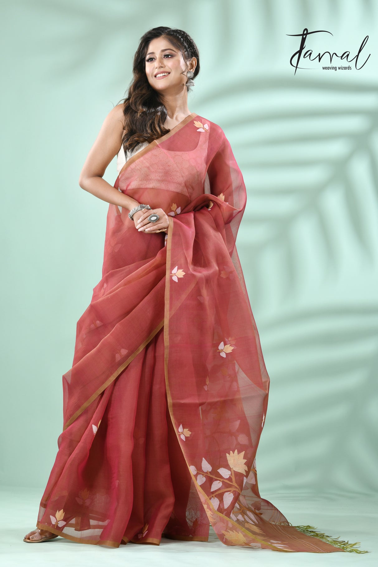 Brown with multicolour muslin silk handwoven floral buta jamdani saree