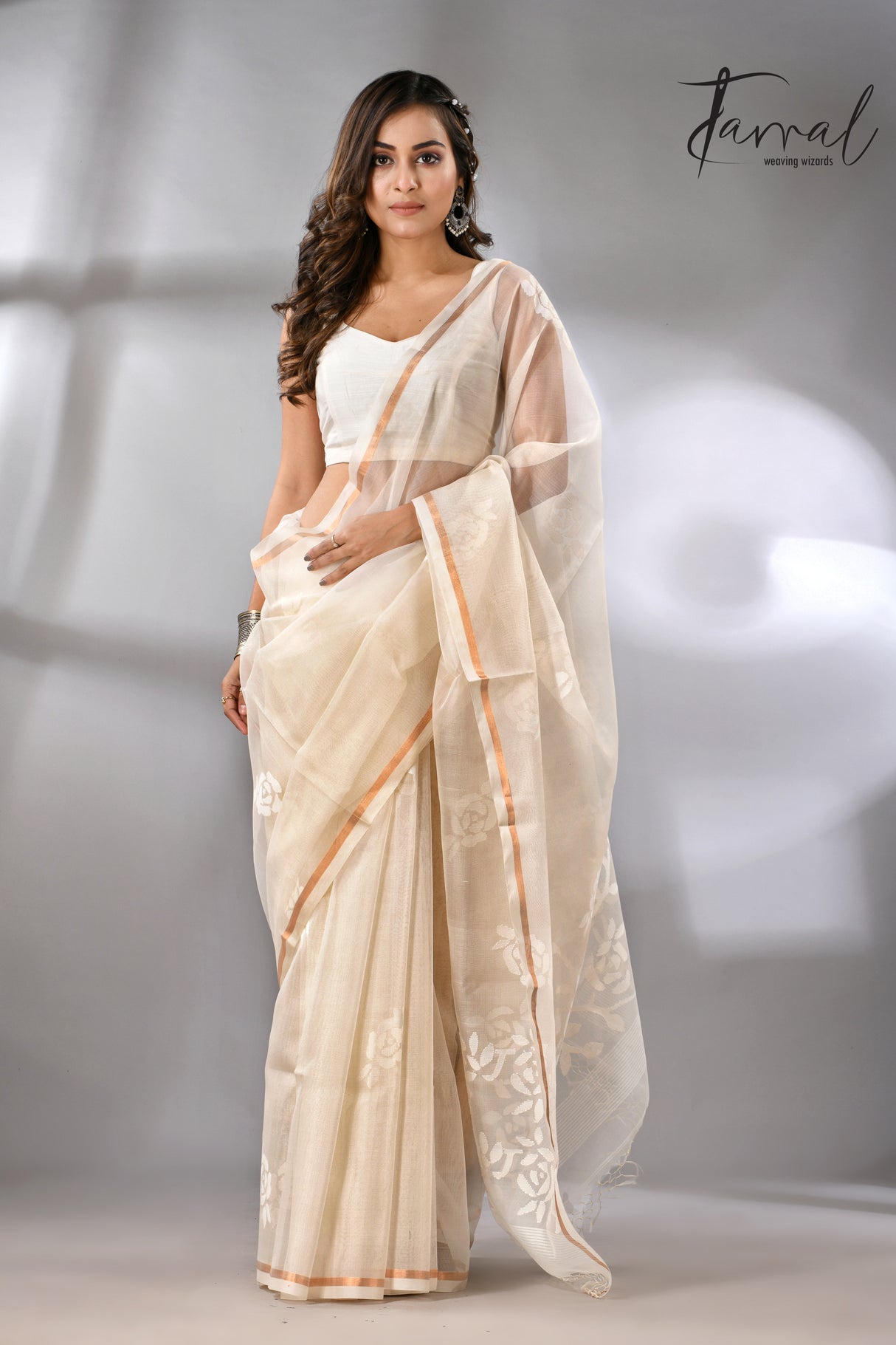 Offwhite self rose motifs handwoven jamdani saree in muslin silk