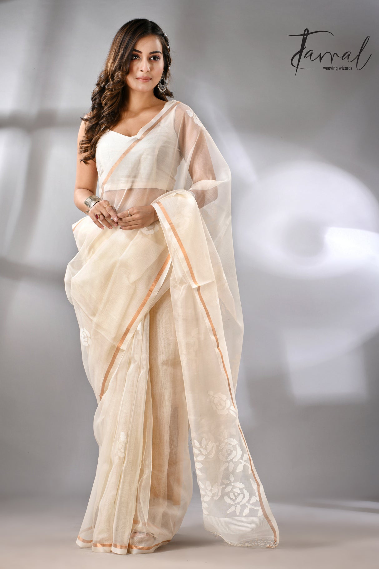 Offwhite self rose motifs handwoven jamdani saree in muslin silk