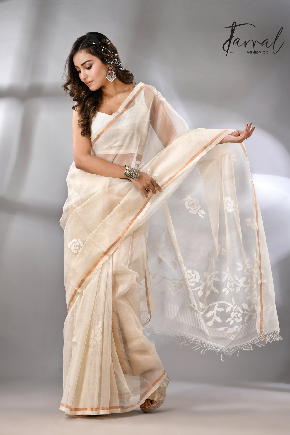 Offwhite self rose motifs handwoven jamdani saree in muslin silk