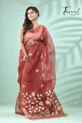 Brown with multicolour muslin silk handwoven floral buta jamdani saree