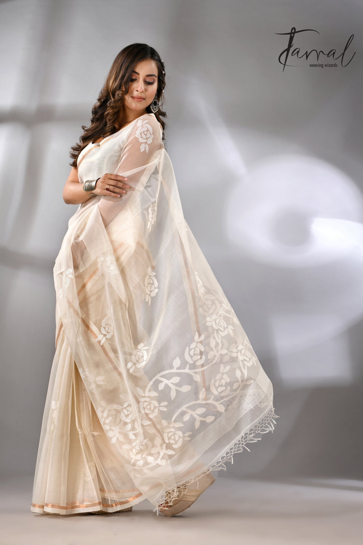 Offwhite self rose motifs handwoven jamdani saree in muslin silk