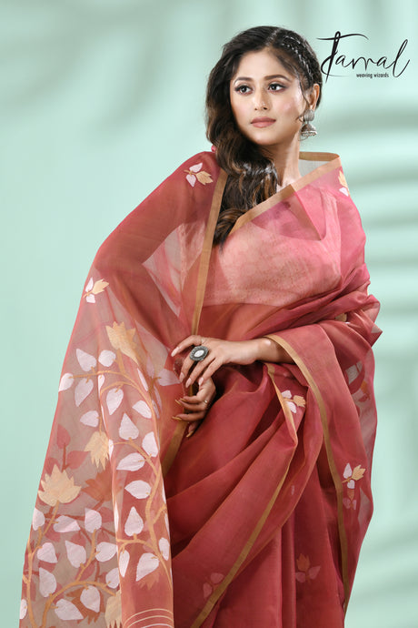 Brown with multicolour muslin silk handwoven floral buta jamdani saree