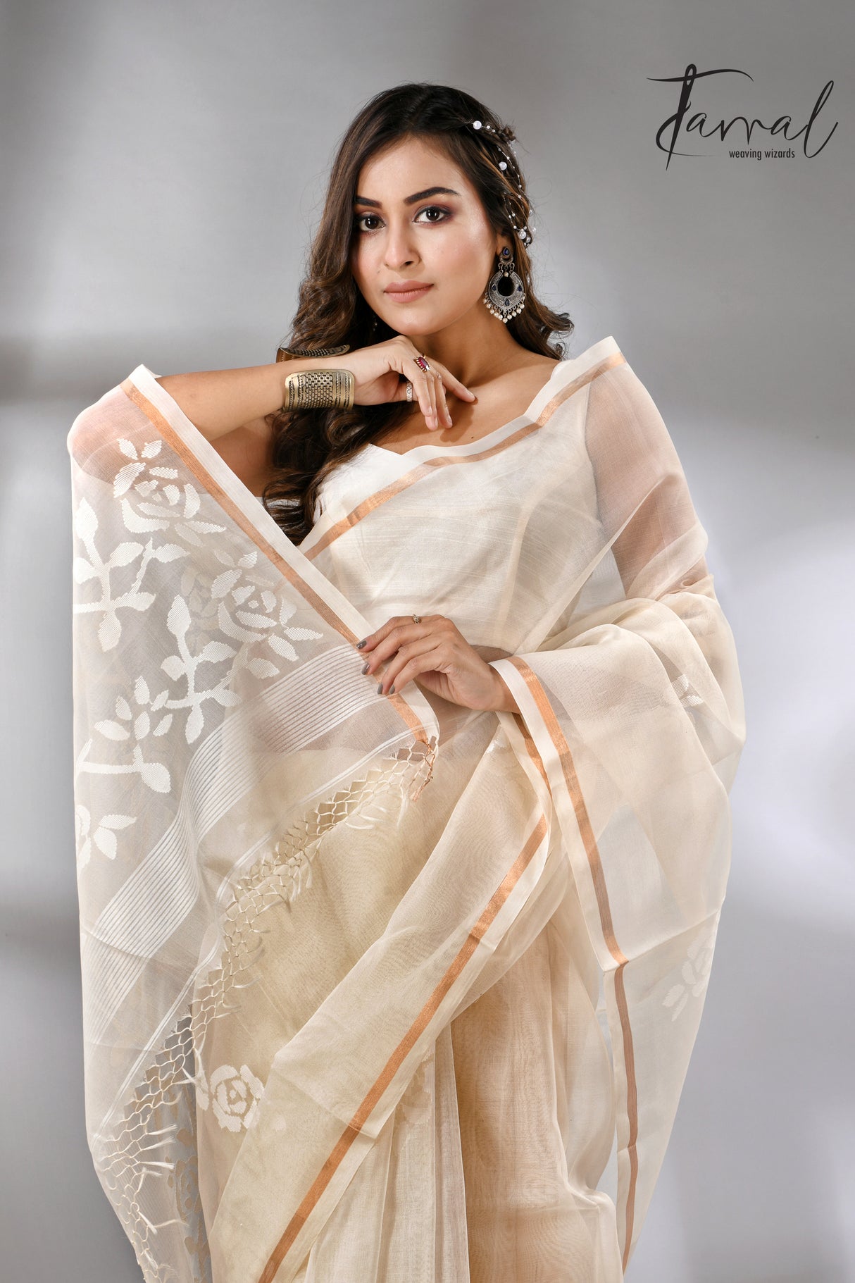 Offwhite self rose motifs handwoven jamdani saree in muslin silk