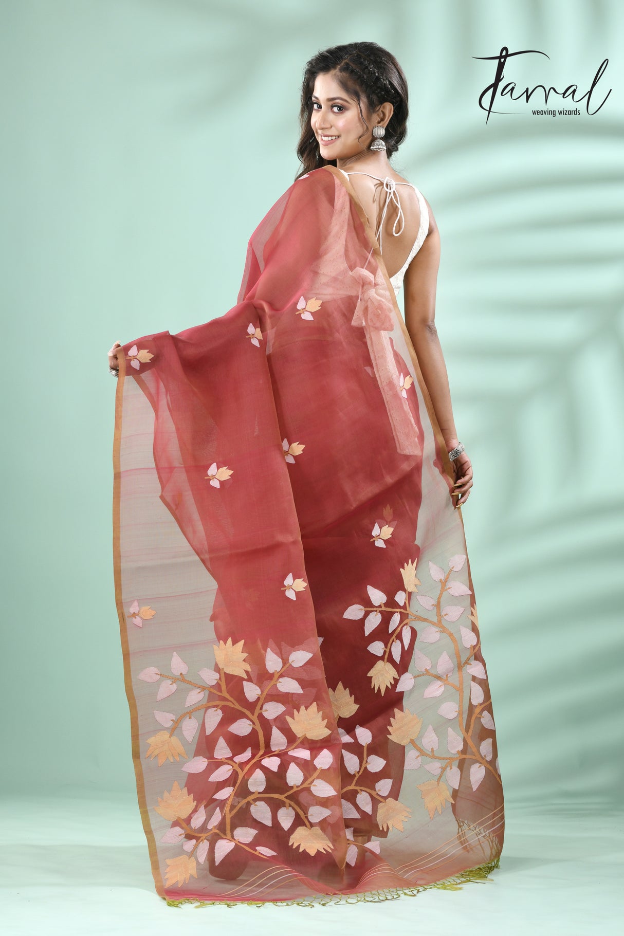 Brown with multicolour muslin silk handwoven floral buta jamdani saree