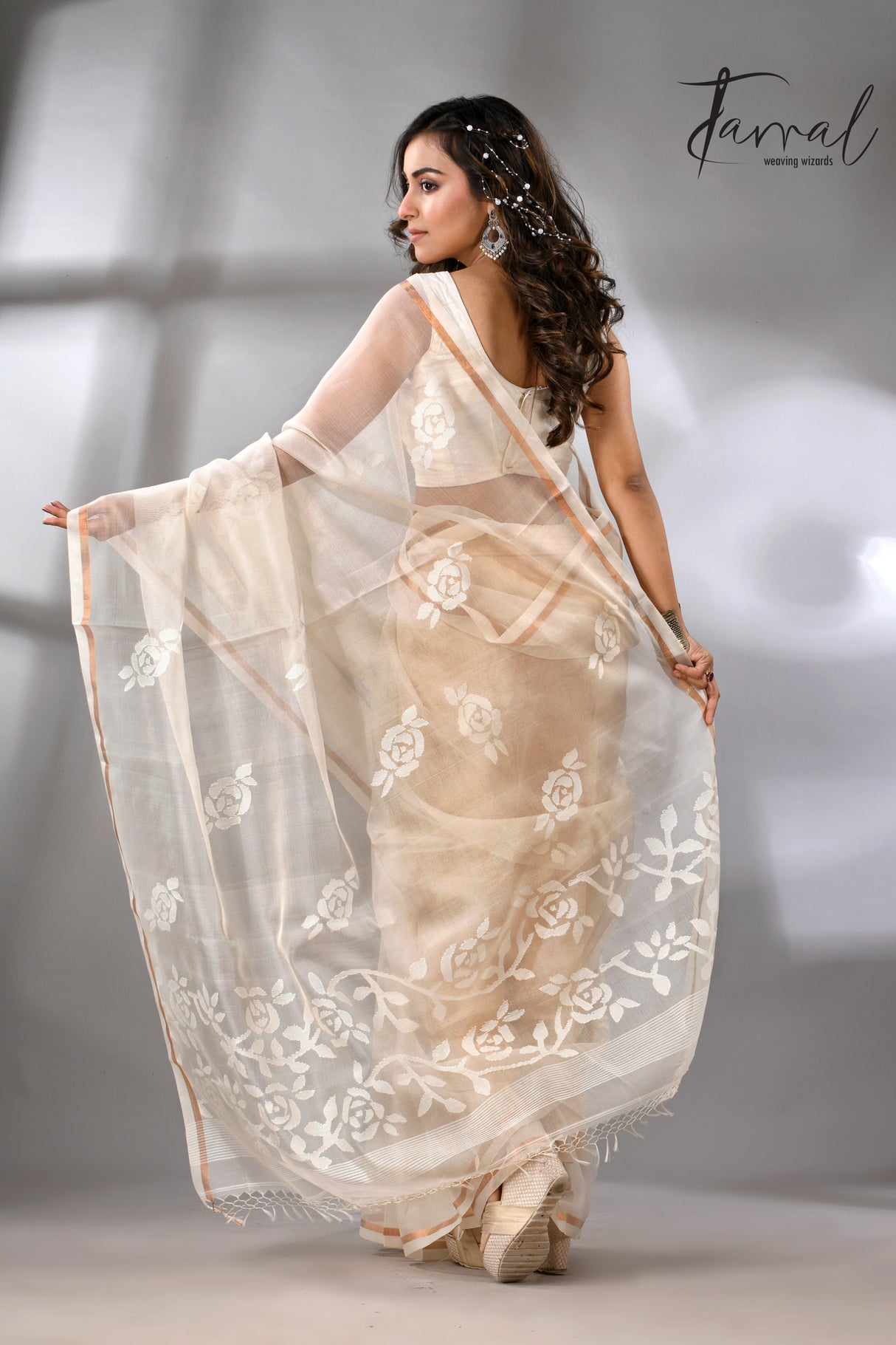 Offwhite self rose motifs handwoven jamdani saree in muslin silk