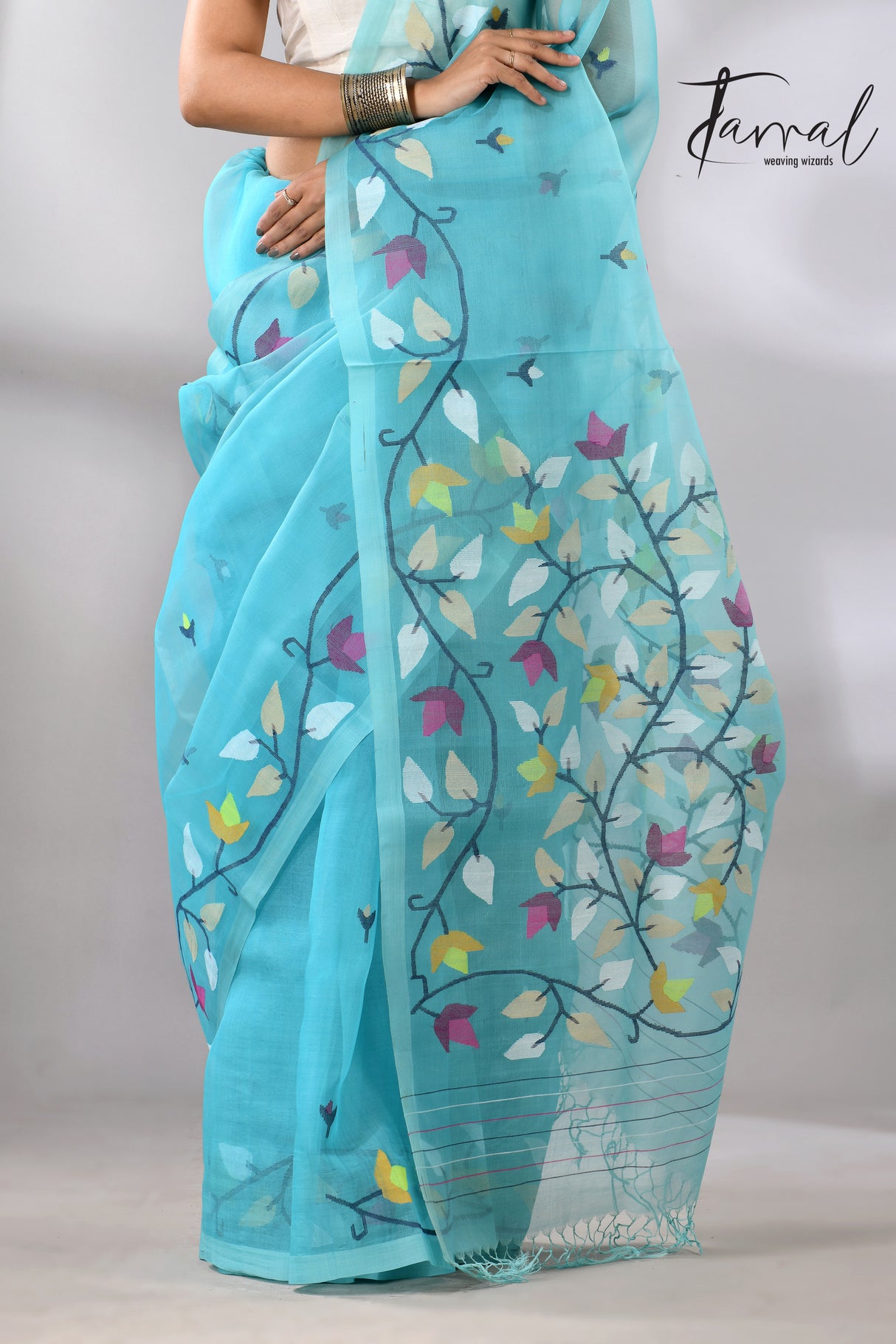 Sky Firoza with multicolur muslin silk floral handwoven jamdani saree