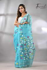 Sky Firoza with multicolur muslin silk floral handwoven jamdani saree