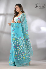 Sky Firoza with multicolur muslin silk floral handwoven jamdani saree