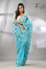 Sky Firoza with multicolur muslin silk floral handwoven jamdani saree