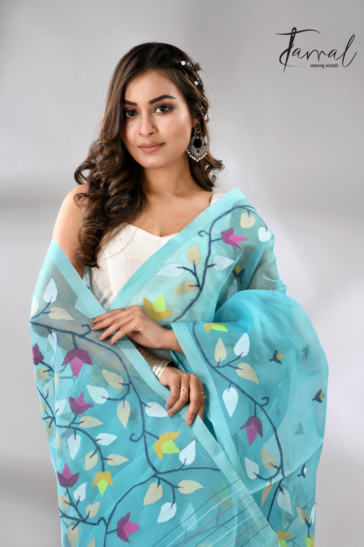 Sky Firoza with multicolur muslin silk floral handwoven jamdani saree