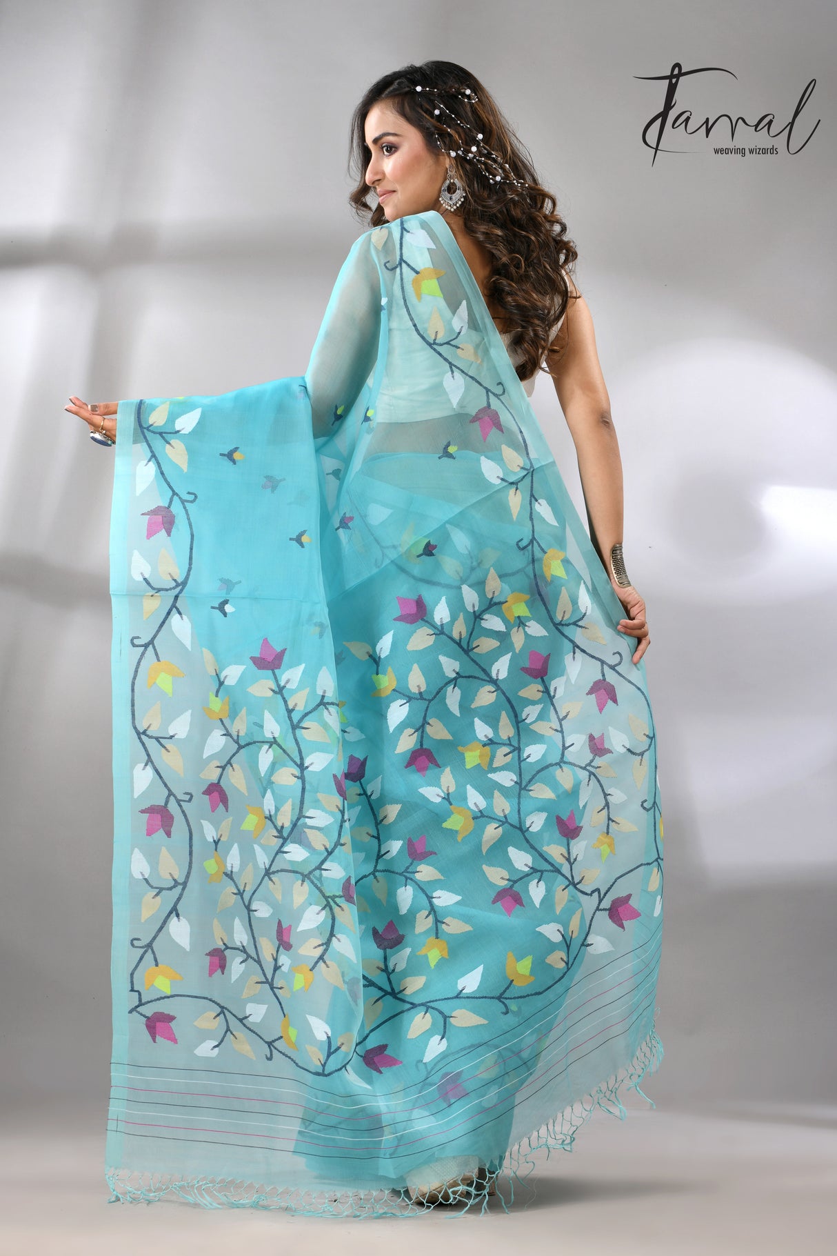 Sky Firoza with multicolur muslin silk floral handwoven jamdani saree