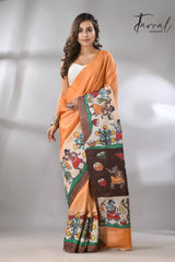 Saffron with brown colour Tussar silk madhuboni hand painted saree