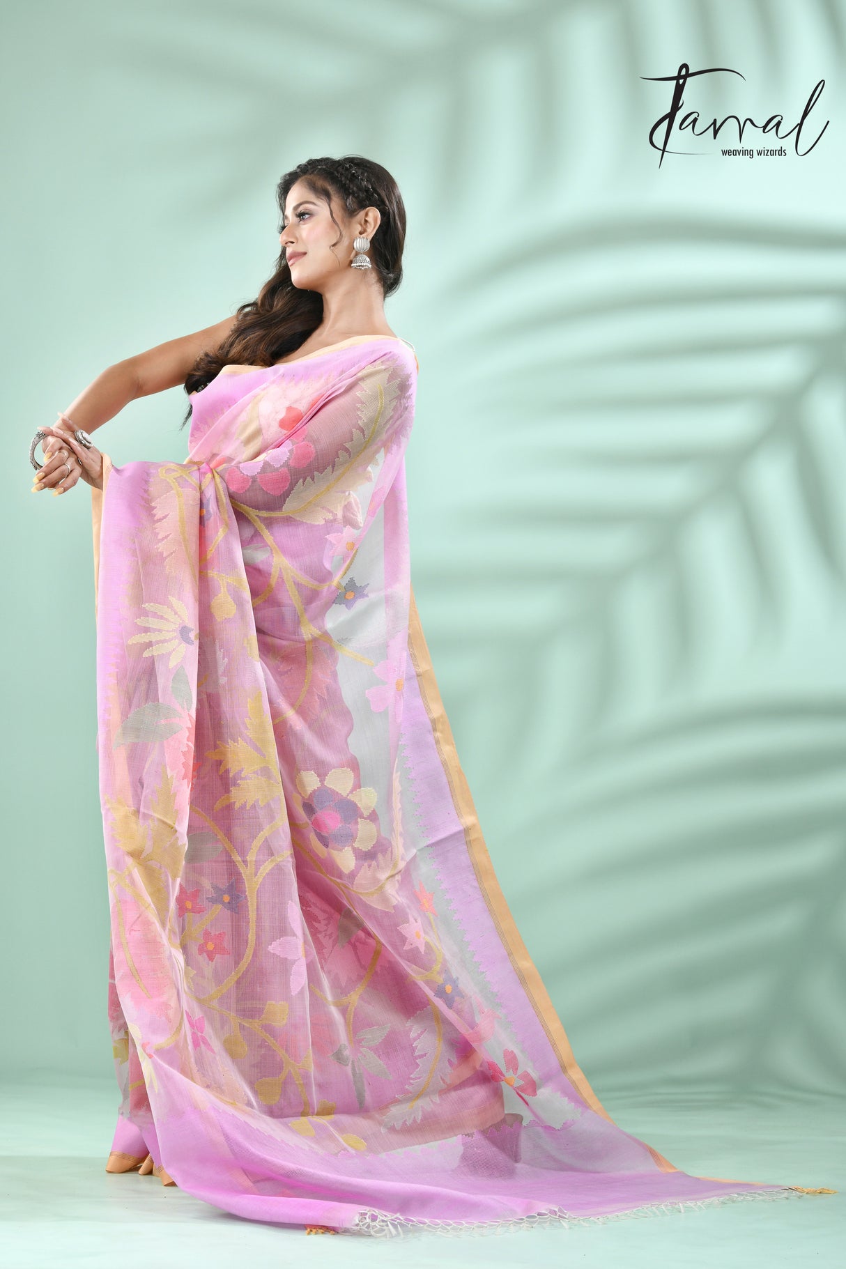 Lilac with multi colour allover floral muslin silk handwoven jamdani saree