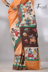 Saffron with brown colour Tussar silk madhuboni hand painted saree