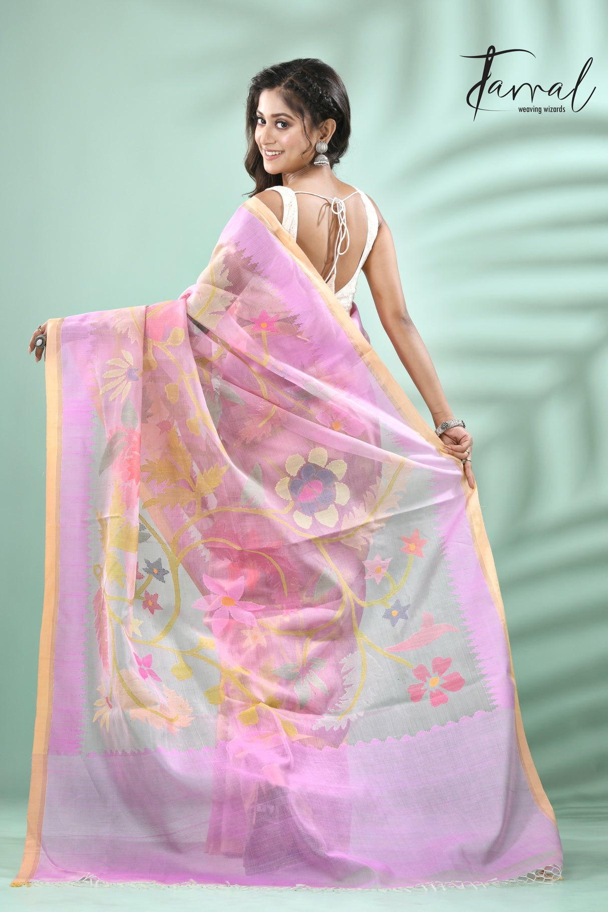 Lilac with multi colour allover floral muslin silk handwoven jamdani saree