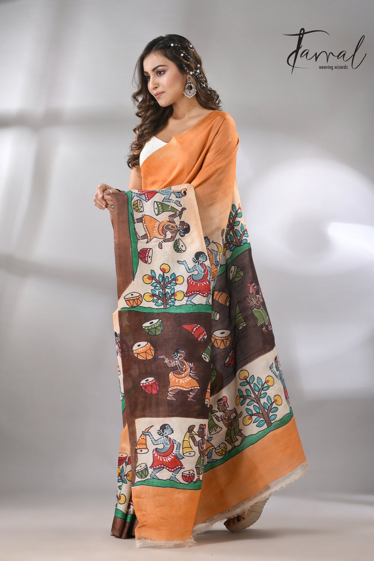 Saffron with brown colour Tussar silk madhuboni hand painted saree