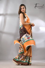 Saffron with brown colour Tussar silk madhuboni hand painted saree