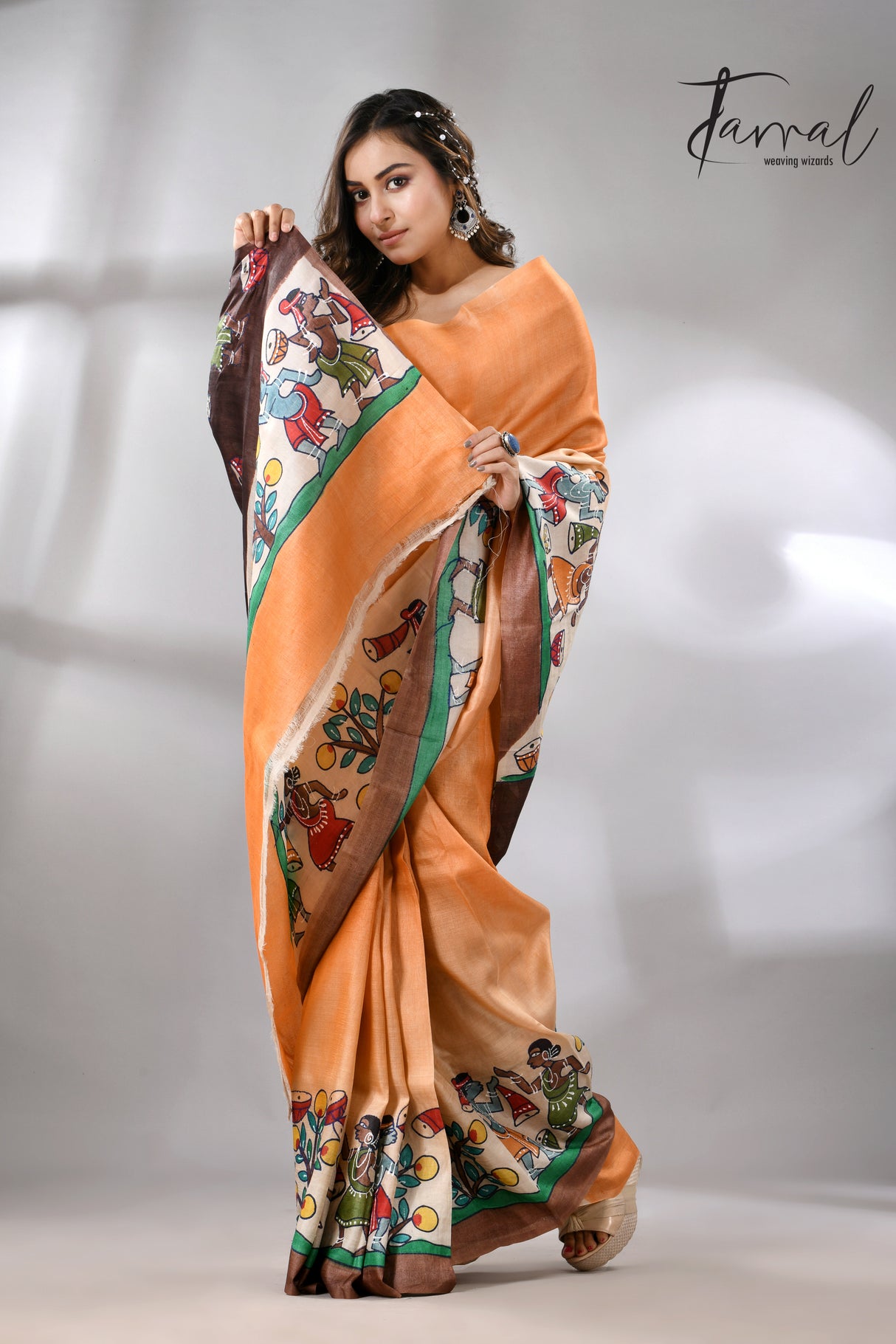 Saffron with brown colour Tussar silk madhuboni hand painted saree