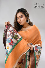 Saffron with brown colour Tussar silk madhuboni hand painted saree