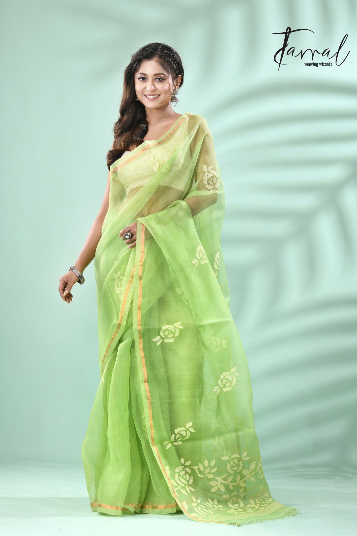 Parrot Green rose motifs muslin silk handwoven jamdani saree