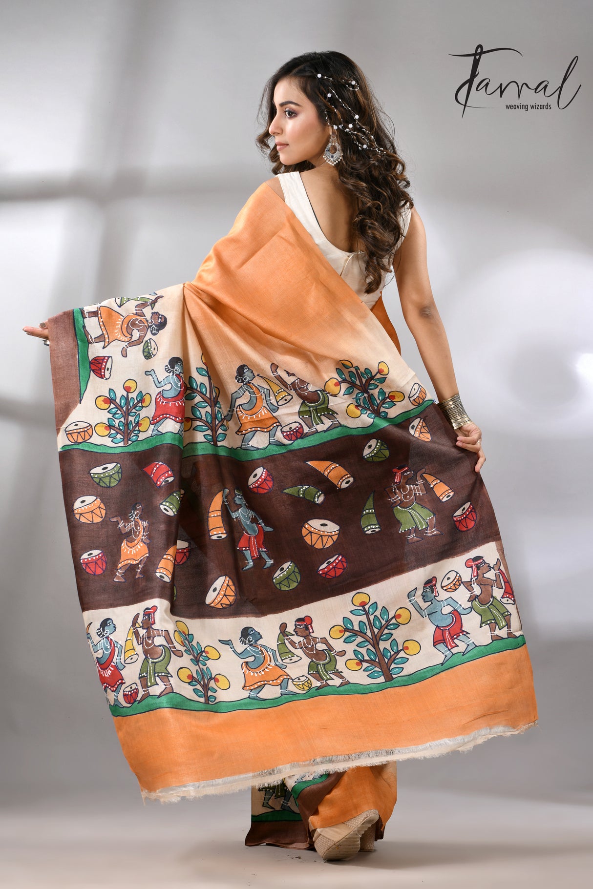 Saffron with brown colour Tussar silk madhuboni hand painted saree