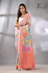 Light pink with firoza colour border alllover floral handwoven jamdani in muslin silk Saree