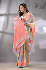 Light pink with firoza colour border alllover floral handwoven jamdani in muslin silk Saree - Tamal Boutique