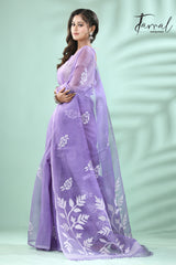 Lavender self rose motifs handwoven muslin silk jamdani saree