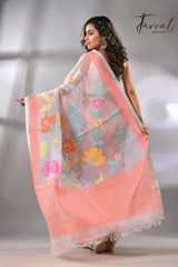 Light pink with firoza colour border alllover floral handwoven jamdani in muslin silk Saree