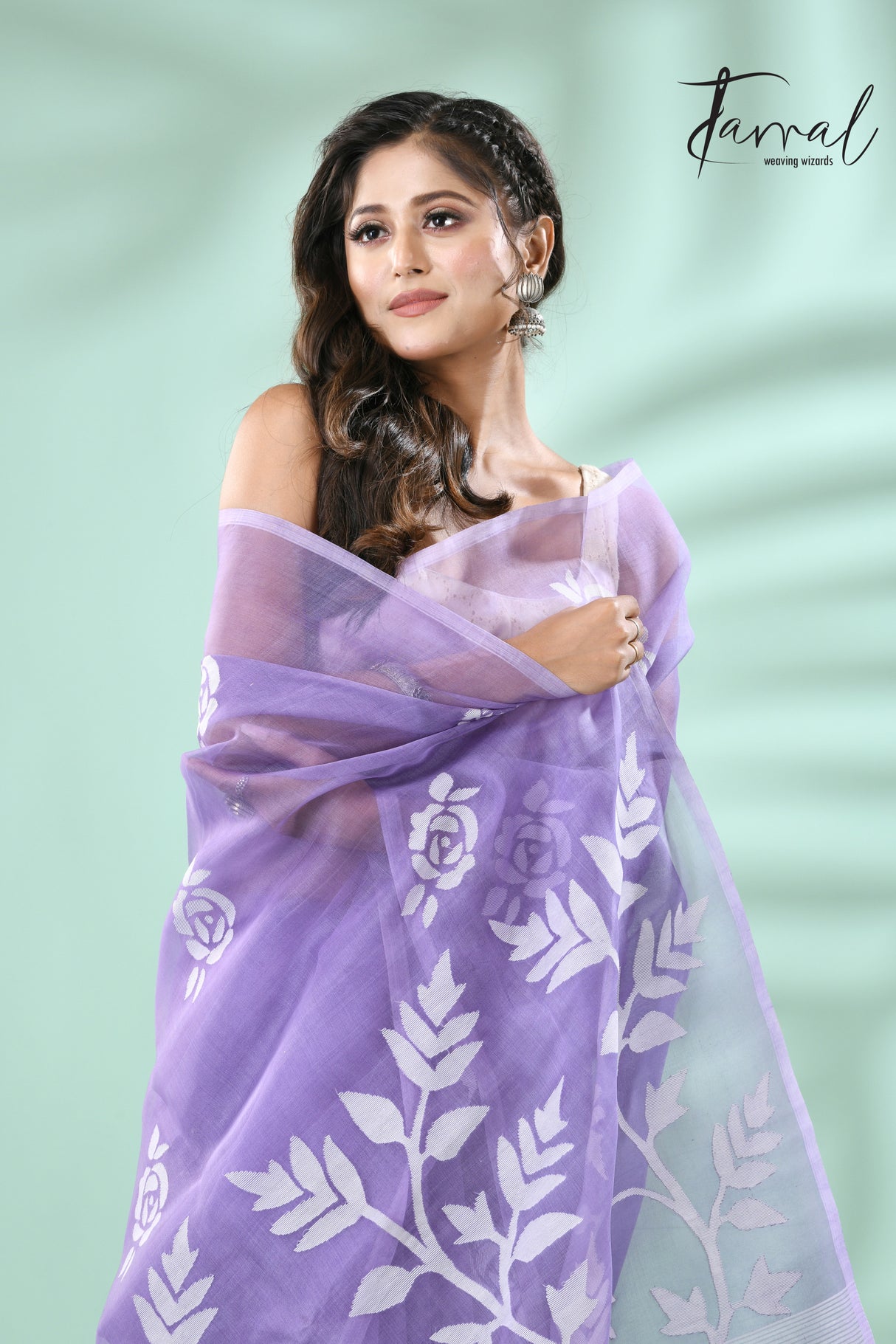 Lavender self rose motifs handwoven muslin silk jamdani saree