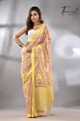 Offwhite with yellow border flower & leaves floral muslin silk handwoven jamdani saree