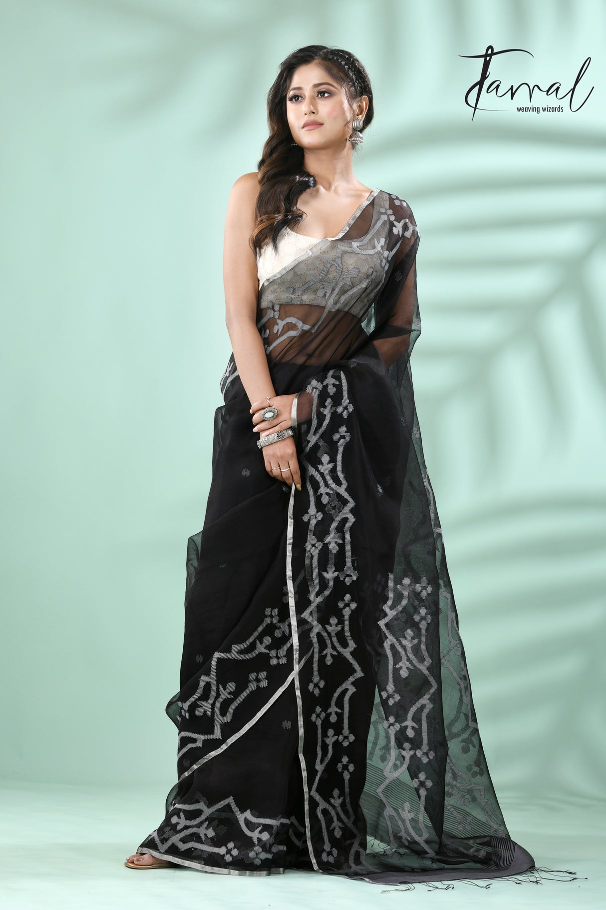 Black with Silver zari border traditional Handwoven Jamdani Saree