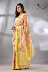 Offwhite with yellow border flower & leaves floral muslin silk handwoven jamdani saree