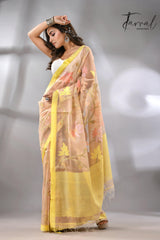 Offwhite with yellow border flower & leaves floral muslin silk handwoven jamdani saree