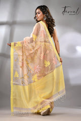 Offwhite with yellow border flower & leaves floral muslin silk handwoven jamdani saree