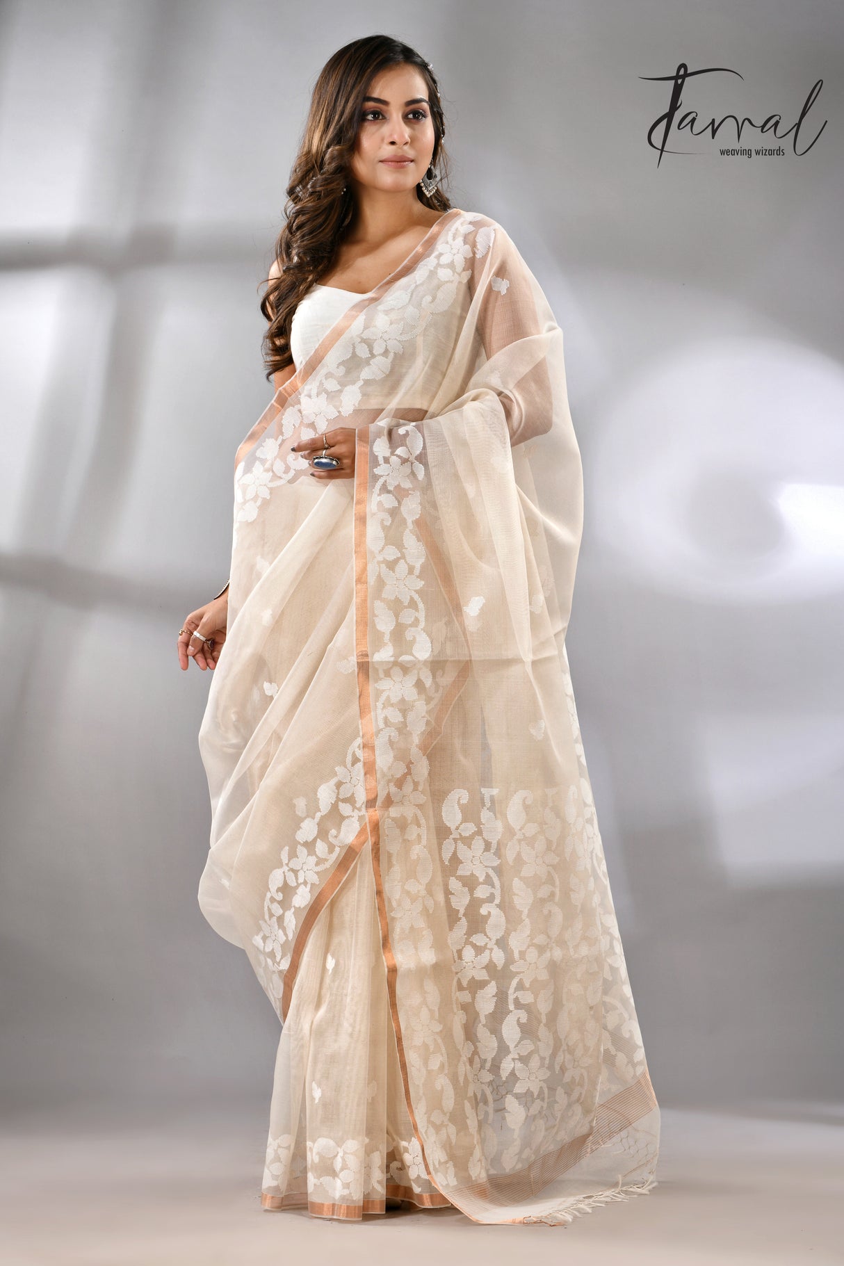 Offwhite with zari border muslin silk handwoven needle work jamdani saree