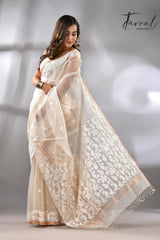 Offwhite with zari border muslin silk handwoven needle work jamdani saree