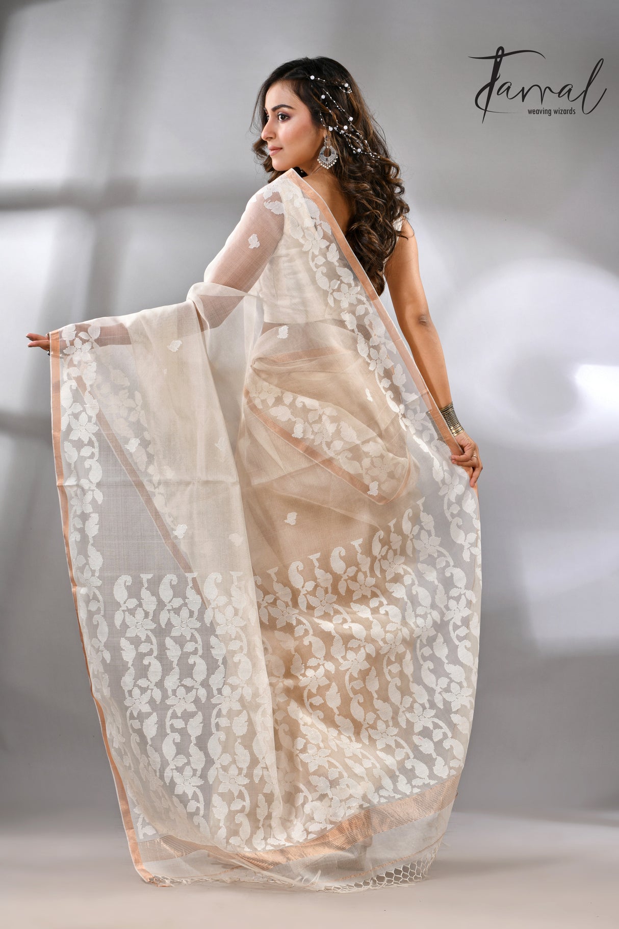 Offwhite with zari border muslin silk handwoven needle work jamdani saree