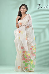 Offwhite with multi colour pallu floral with butas allover handwoven jamadani saree in muslin silk